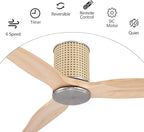 48" Ceiling Fan No Light - Low Profile Flush Mount Ceiling Fan, 6-Speed Remote Control, Solid Wood, Quiet Reversible DC Motor, Wood/Silver Finish, for Bedroom, Living Room, Porch