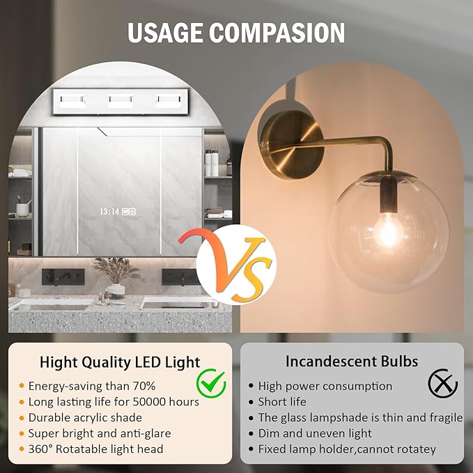 Tipace LED Modern Bathroom Vanity Light Fixtures (3-Light,23.6-Inch), Acrylic Chrome Bathroom Wall Lighting Fixtures Over Mirror (Cool White 5500K) with Rotatable Vanity Lights Heads