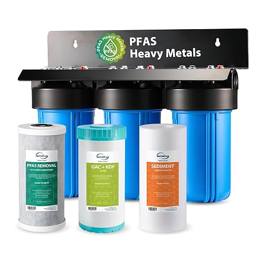 iSpring PFAS & Heavy Metals Removal 3-Stage Whole House Water Filter System, SGS-Tested to Reduce Up to 99% PFOA & PFOS, 10” x 4.5” Filters, 1” Inlet/Outlet, Model: WGB31B-PFKS