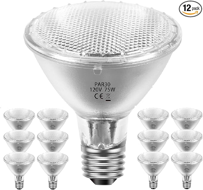 Par30 Halogen 75 Watt Flood Light Bulbs 120V,Par30 Long Neck Halogen Bulbs 12 Pack,E26 Base Dimmable 2700K Soft White Halogen Light Bulb for 5-6in Recessed/Ceiling Cans/Accent/Tracking Lights