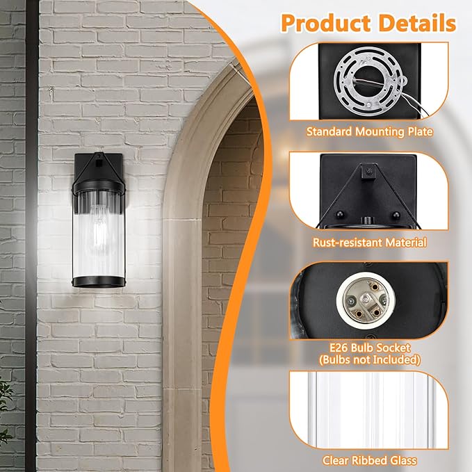 Outdoor Wall Light Fixtures, Waterproof Matte Black Exterior Wall Lantern Sconce Porch Lights, Outside Lighting with Clear Ribbed Glass for House, Garage, Front Door, 2-Pack