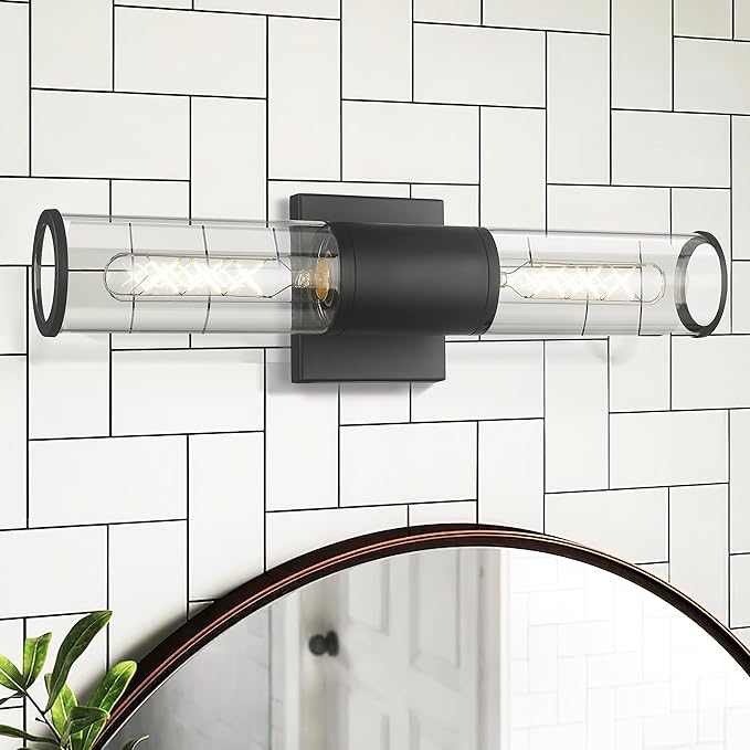 Black Bathroom Light Fixtures, 2-Light Vanity Lights Over Mirror with Clear Glass Shade, Modern Wall Sconces for Bathroom Bedroom Hallway, VL834-MB