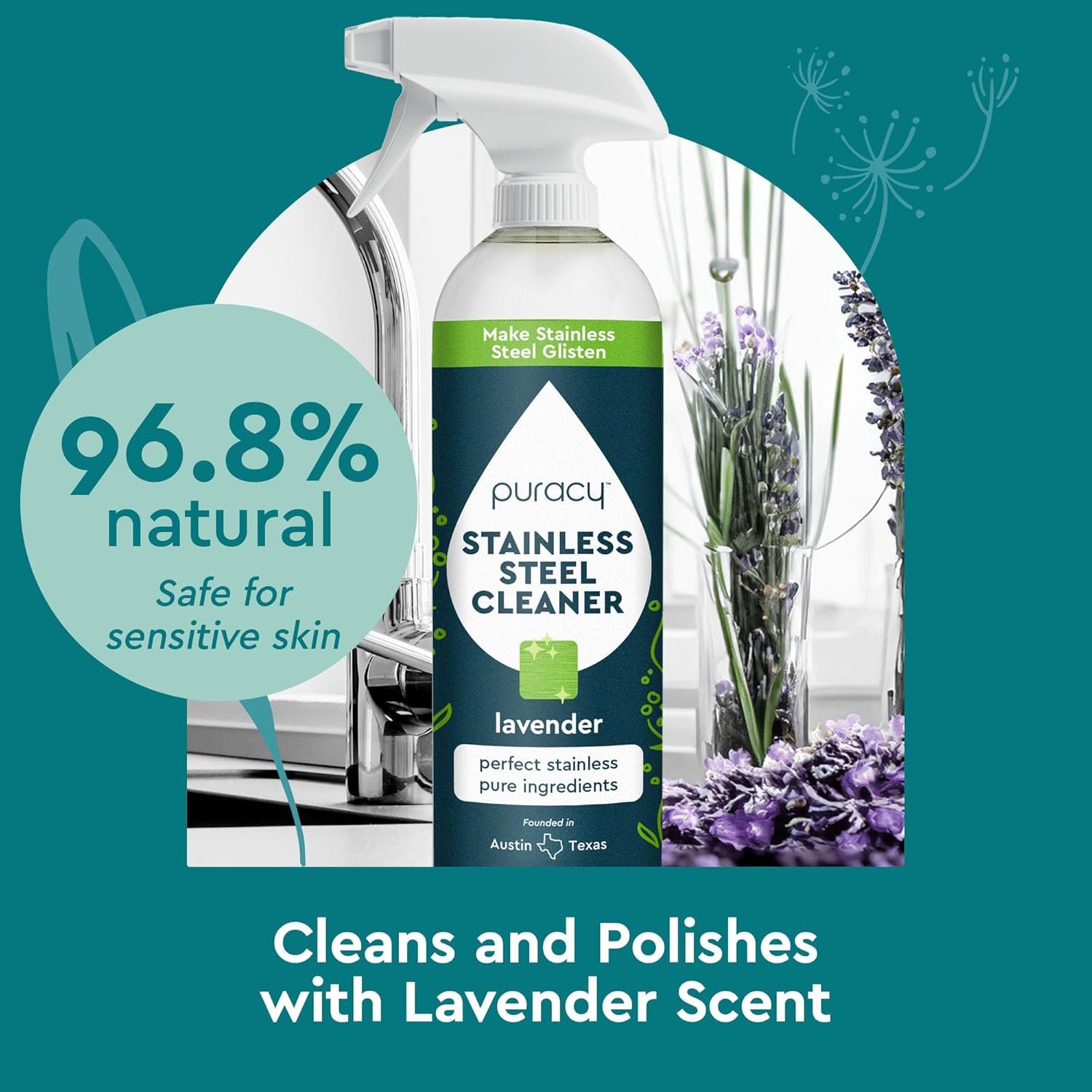 Puracy Stainless Steel Cleaner, Natural Stainless Steel Sink Cleaner, Stainless Steel Cleaner for Appliances, Sink Cleaner and Polish Kitchen Cleaner, Stainless Steel Refrigerator Spray (Lavender)