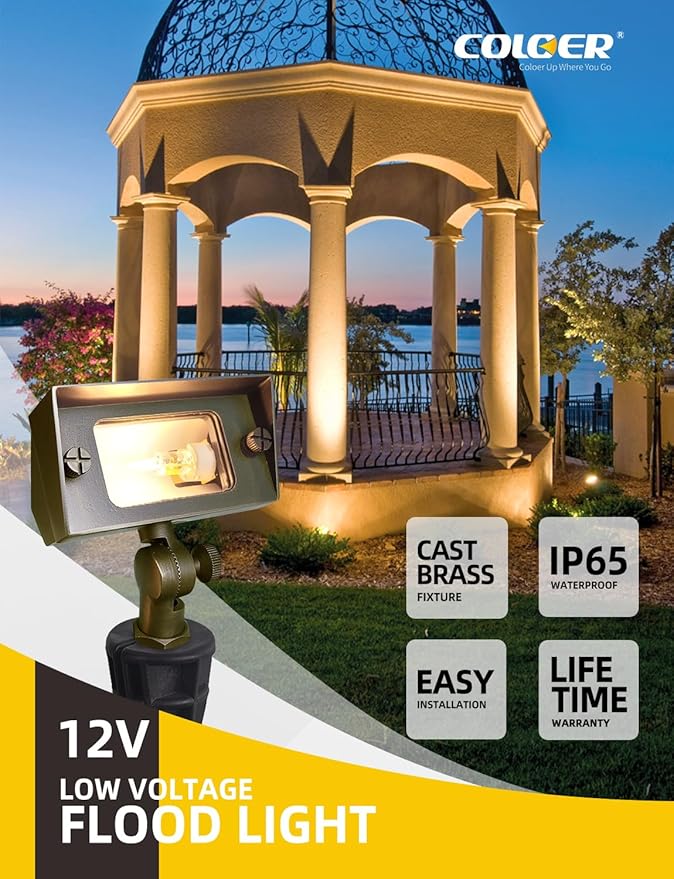 COLOER Brass Small Rectangular Flood Lights Outdoor 12-Pack Without Bulb, 12V Low Voltage Landscape Outside Lights for House Illuminating Signs, Walls and Plant Material