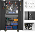 71"H Garage Storage Cabinet with Wheels, Drawer, Pegboard and 16 Hooks, Metal Storage Cabinet with Locking Doors and 2 Adjustable Shelves for Garage, Warehouse, Home, Black, Assembly Required