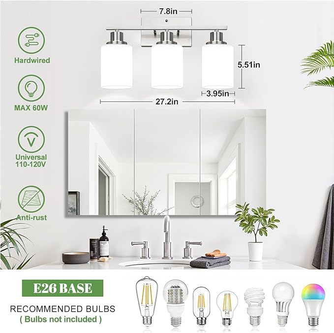 3-Light Bathroom Light Fixtures, Brushed Nickel Vanity Light with Milky White Shades, Bathroom Lighting Fixtures Over Mirror, Modern Bathroom Wall Lamp for Mirror Living Room Cabinet Bedroom