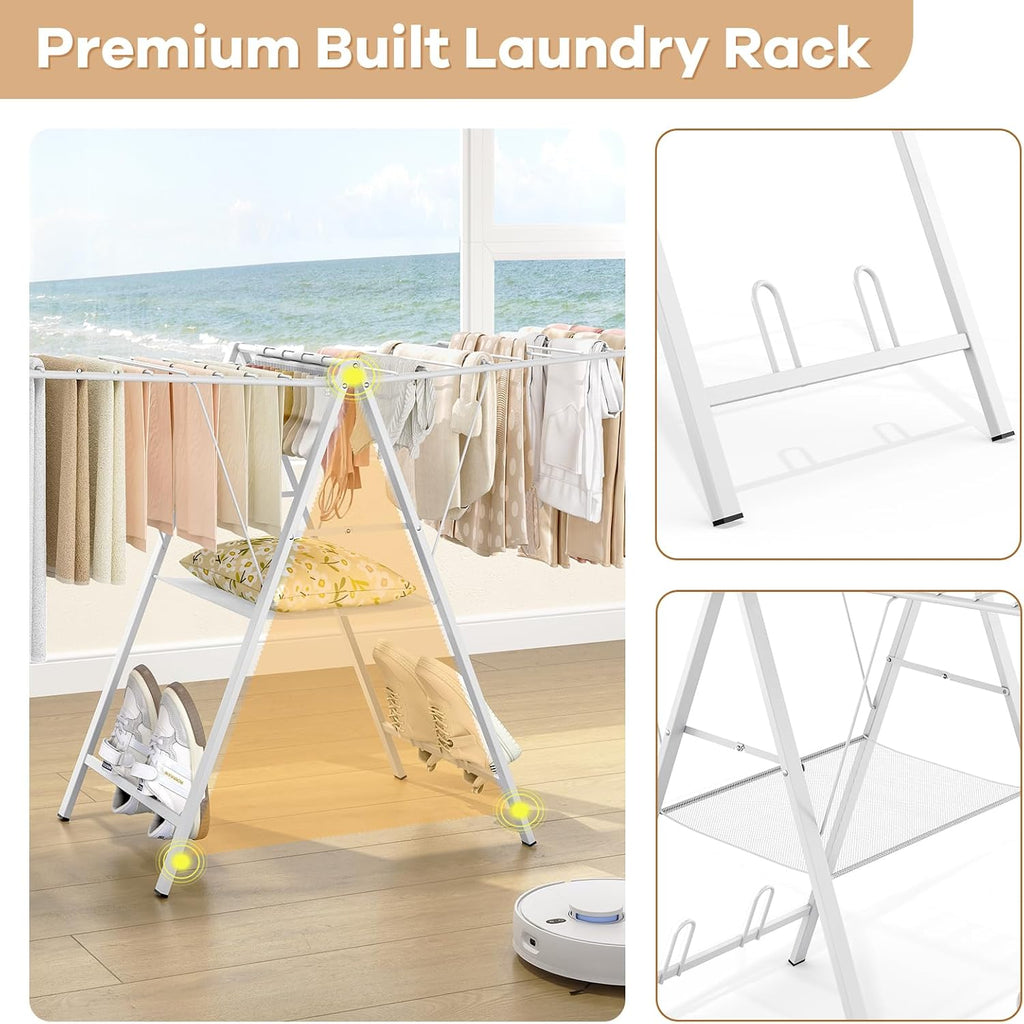 APEXCHASER Drying Rack for Clothing Foldable, Metal Laundry Rack Collapsible, Ultra Thin Gullwing Clothes Airer with Adjustable Height for Towel Baby Clothes Indoor Outdoor Laundry Room, White