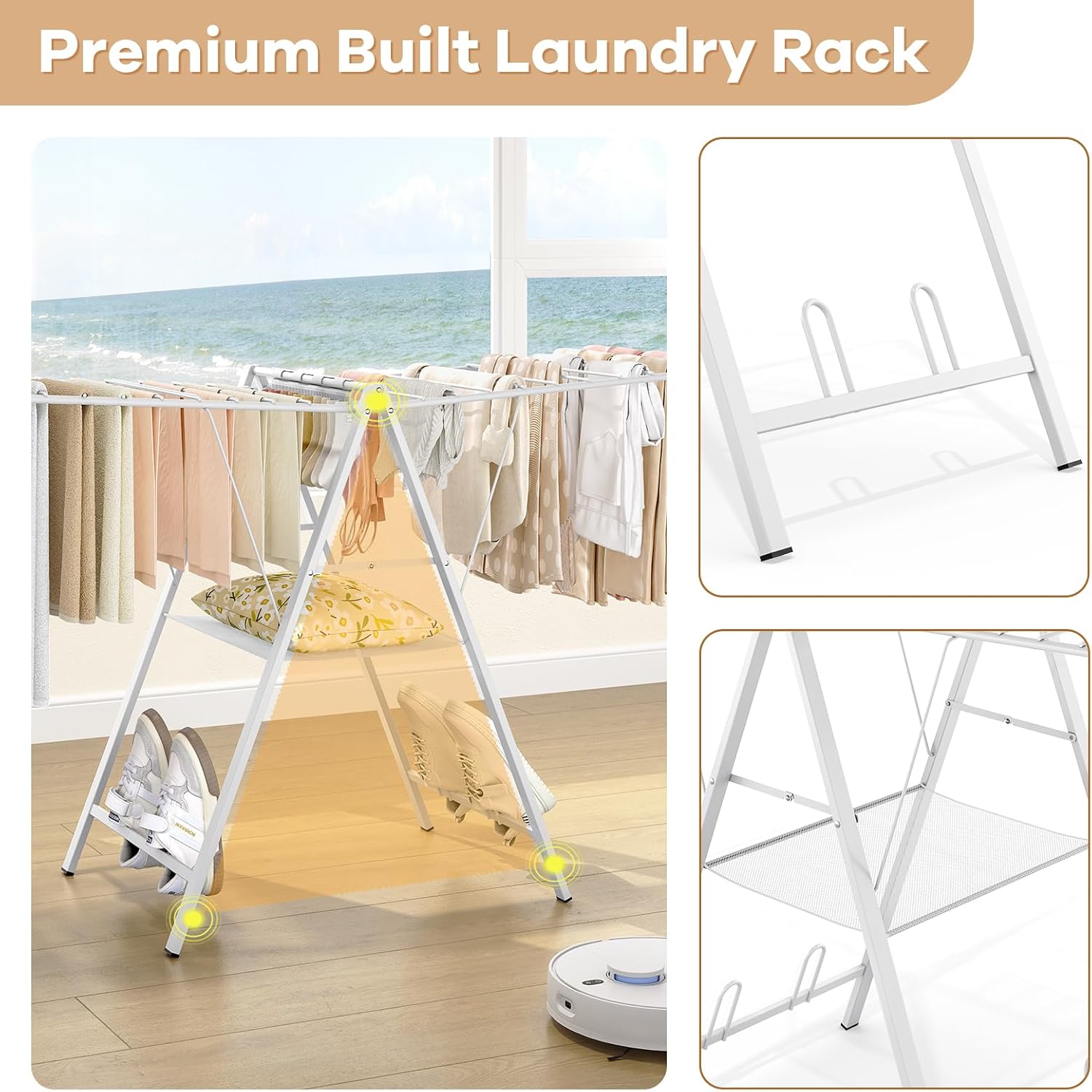 APEXCHASER Drying Rack for Clothing Foldable, Metal Laundry Rack Collapsible, Ultra Thin Gullwing Clothes Airer with Adjustable Height for Towel Baby Clothes Indoor Outdoor Laundry Room, White
