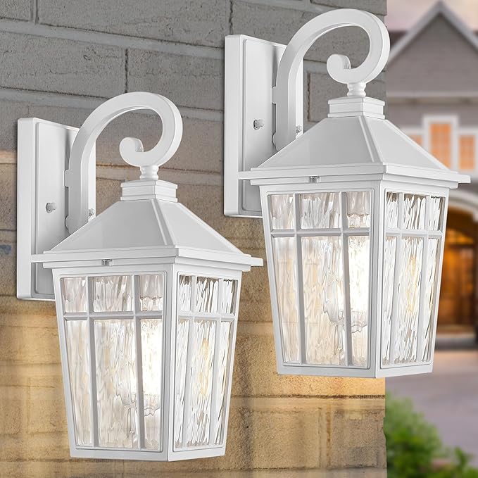 Darkaway Outdoor Wall Lights for House, Exterior Lighting Fixtures Wall Mount Outside Porch Lights Waterproof White Outdoor Sconce Lights with Water Ripple Glass for Patio Garage Front Door