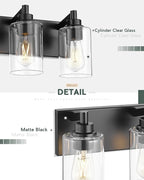 5-Light Bathroom Light Fixtures, 30 Inch Black Vanity Light with Cylinder Clear Glass Shade, Modern Vanity Lighting Fixtures Over Mirror, VL143-MB-5