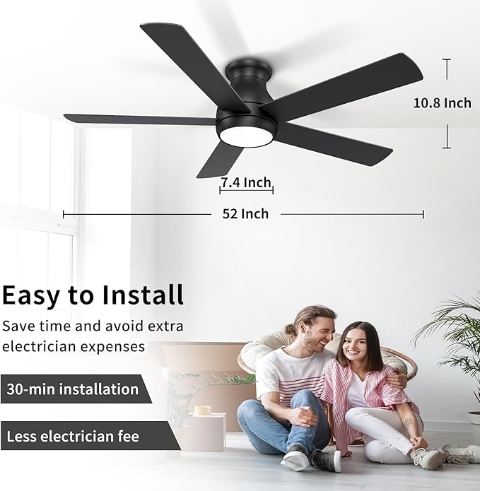 52 Inch Black Ceiling Fans with Lights and Remote, LED Low Profile Flush Mount Ceiling Fan for Bedroom, Living Room, with Quiet DC Motor, Dimmable 6 Speeds