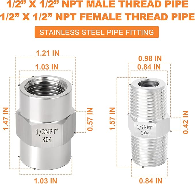 GASHER 4PCS 304 Stainless Steel Pipe Fitting, Hex Nipple Hex Coupling, 1/2" x 1/2" NPT Male Thread Pipe, 1/2Inch x 1/2Inch NPT Female Thread Pipe