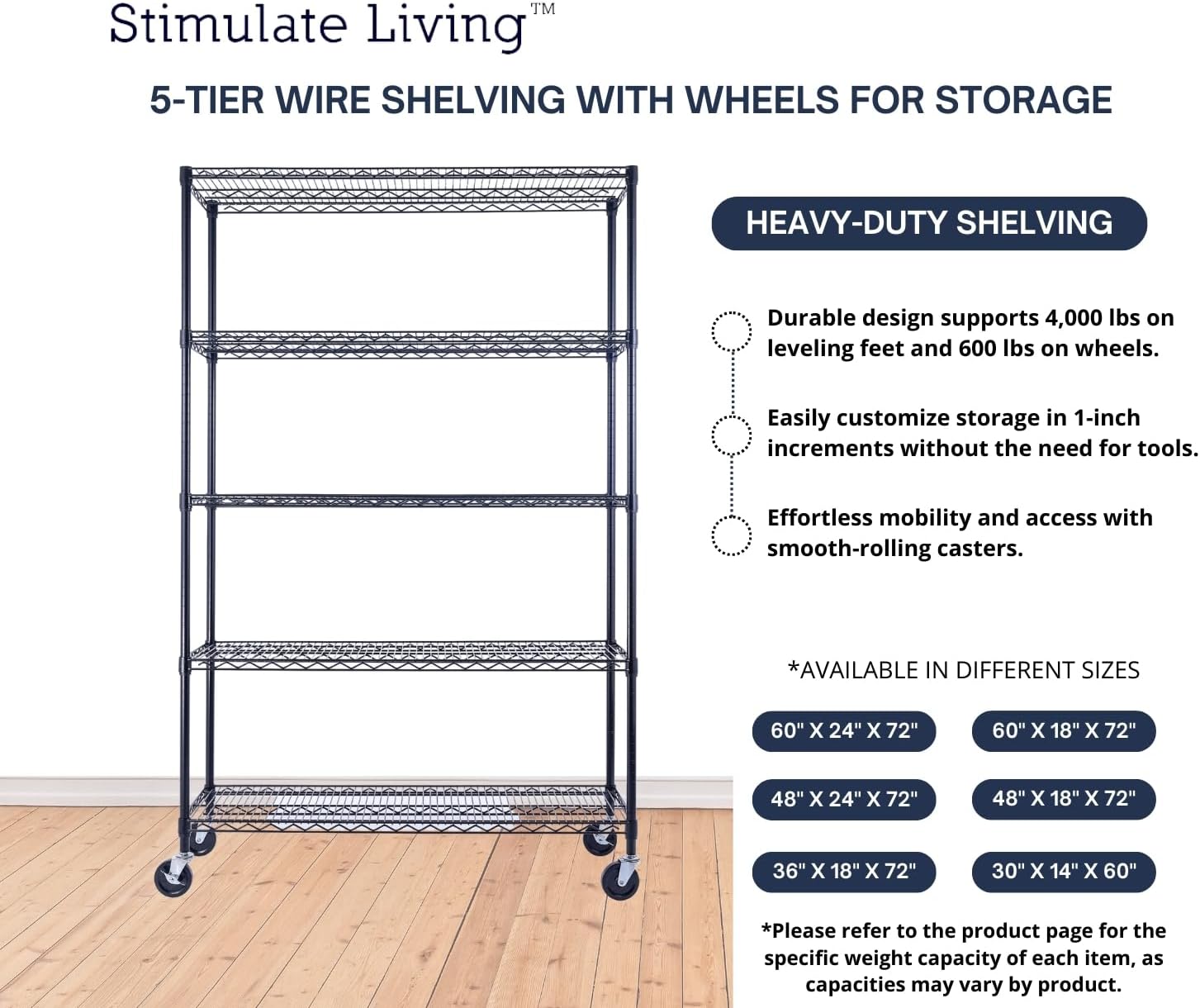48"x18"x72" PRIME HEAVY DUTY Black 5-Tier Wire Shelving NSF 4000 LBS MAX Capacity Storage Rack for Commercial, School, Home, Garage, Warehouse, Industrial, and Hospital Uses (with Wheels)