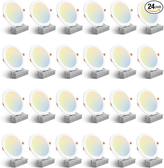 Amico 24 Pack 8 Inch 5CCT Ultra-Thin LED Recessed Ceiling Light with Junction Box, 2700K/3000K/3500K/4000K/5000K Selectable, 18W Eqv 125W, Dimmable Canless Wafer Downlight, 1500LM High Brightness -ETL