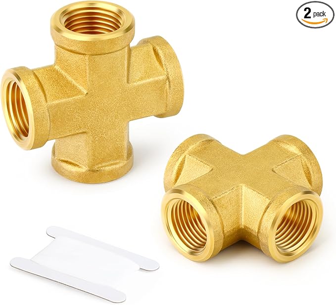 GASHER 2PCS Brass Pipe Fitting, Cross 4 Way Pipe Fitting, 3/8" x 3/8" x 3/8" x 3/8" NPT Female Pipe