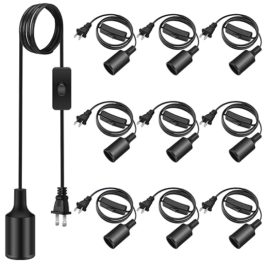 10 Pack Hanging Light Cord Pendant Light Cord with Switch Light Socket Extension Light Bulb Socket Cable Lamp Kit for E26 E27 Lamp Socket Lantern(Black, 12 Feet)