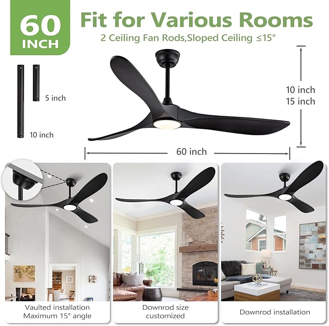 60 Inch Black Ceiling Fans with Lights and Dimmable Mordern, Outdoor Ceiling Fan with Lights High CFM Quiet 3 Blades Propeller Wood Ceiling Fan for Patio,Porch,Farmhouse,Gazebo