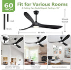 60 Inch Black Ceiling Fans with Lights and Dimmable Mordern, Outdoor Ceiling Fan with Lights High CFM Quiet 3 Blades Propeller Wood Ceiling Fan for Patio,Porch,Farmhouse,Gazebo