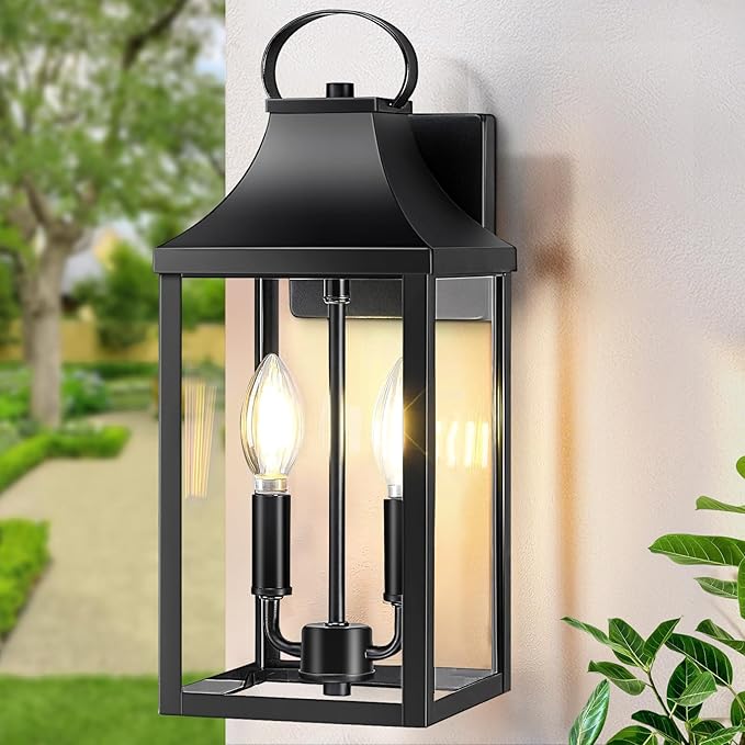 15" Black Outdoor Wall Lantern 2-Light, Outside Modern Wall Sconce Light Fixture, Industrial Porch Light Wall Mount with E12 Sockets, Waterproof Exterior Lamp Lighting, Black