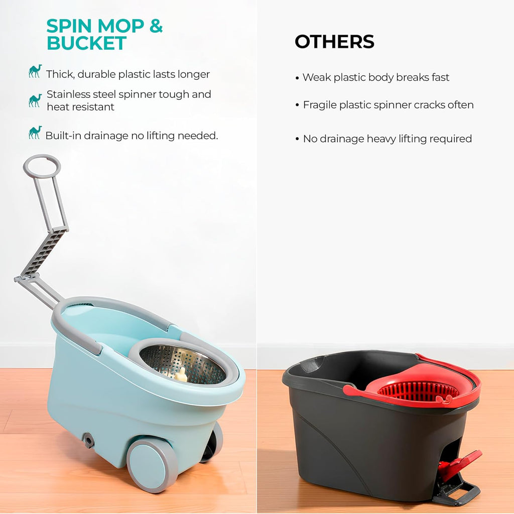 Spin Mop and Bucket Set Cleaning System Wringer 360 Microfiber Mop with Stainless Steel Handle Self Wringing Bucket with Wheels and Drain for Tile Hardwood Laminate Floors Includes 2 Mop Head Refills