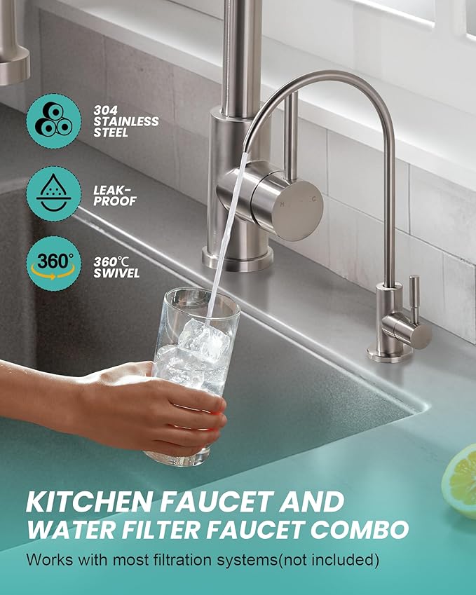 Kitchen Faucet and Water Filter Faucet: Stainless Steel Kitchen Sink Faucet with Drinking Water Faucet - Brushed Nickel Single Handle Tap with Pull Down Sprayer for Kitchen Sink Farmhouse Bar
