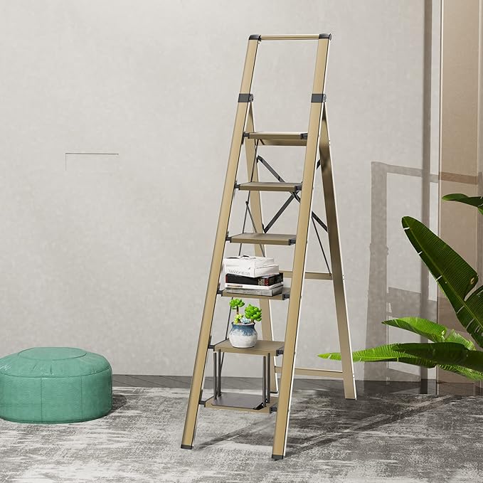 GameGem 6 Step Ladder for 12 Feet High Ceiling, Lightweight Aluminum Folding Step Stool with Convenient Handgrip, Stepladders with Anti-Slip and Wide Pedal for Home Use Space Saving - Gold