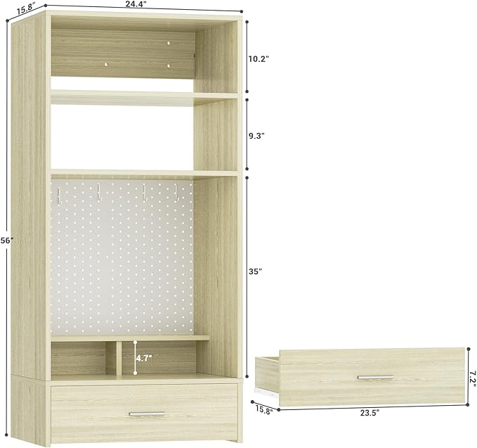 Unikito 24 inch Closet System with Drawers and Magnetic Pegboard, Wall Mounted Closet Organizer with Vanity Storage Shelves, Multipurpose Vanity Desk for Bedroom, Mudroom, and Entryway, White Oak