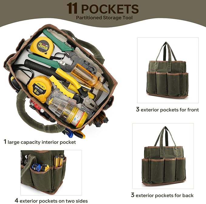 13in Tool Bag, Heavy Duty 19oz Waxed Canvas Bag 11-Pocket Portable Tool Bag Organizer Storage Toolbox for Gardener Welders Electrician Working Men Mechanic