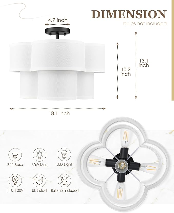Black Semi Flush Mount Ceiling Lights, 5-Light 18" Ceiling Light Fixtures with Double Fabric Shade in Quatrefoil Shape, Drum Light for Nursery Bedroom, AD-22007-5SF-BK