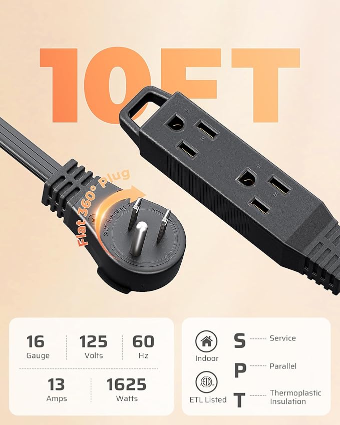 DEWENWILS 10FT Flat Plug Extension Cord, 360° Rotating Plug, 3 Prong Ultra Thin Power Strip, 13A/125V/1625W, 16 Awg Grounded Flat Power Cable for Indoor Narrow Space, SPT-3, ETL Listed, Black