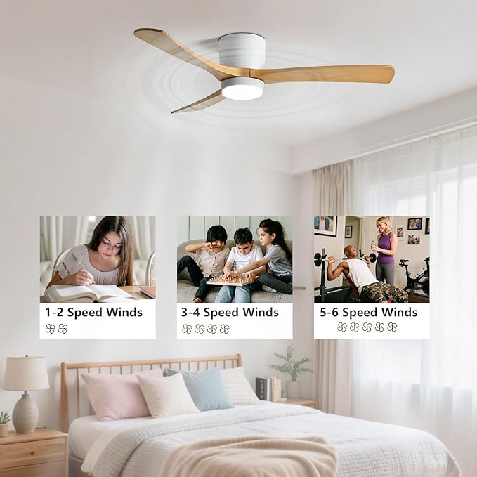 48in Quiet Ceiling Fans with Lights ETL Listed Remote Ceiling Fan Light 6 Gear Wind Speed Ceiling Fans White LED Ceiling Lights Fan Lighting Wooden Blades for Living Room Dining Room Bedroom