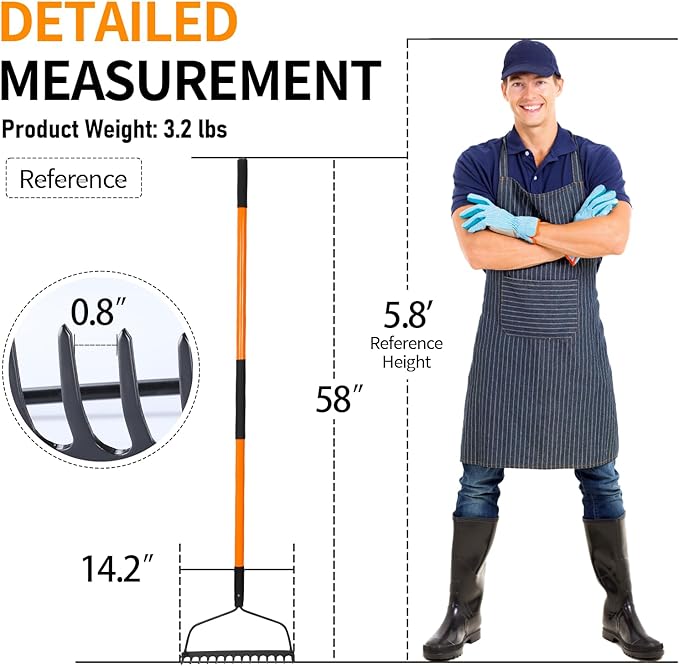 VNIMTI Garden Rake for Gardening, Heavy Duty Garden Rake for Lawns, 14 Tines Bow Rake with Fiberglass Handle, 58 Inches