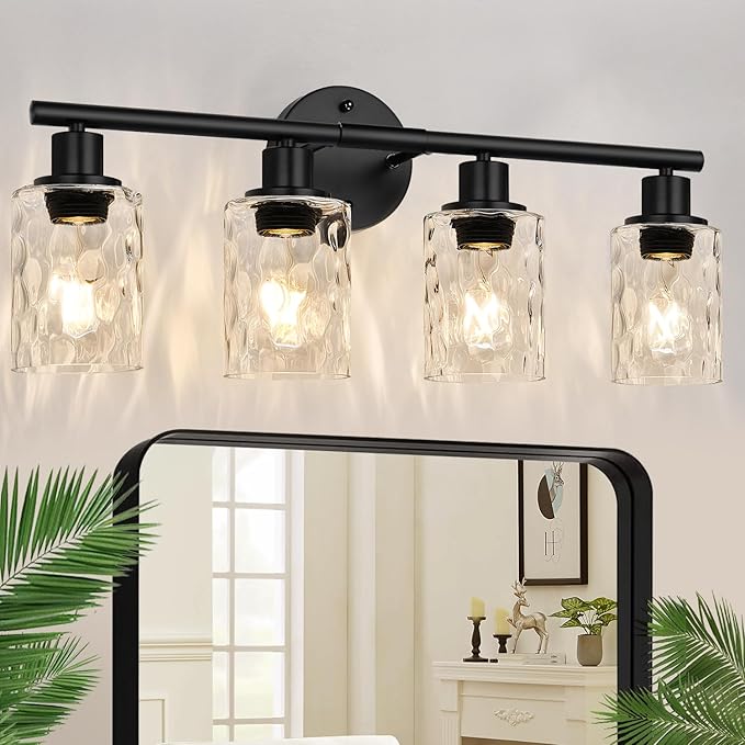 4-Light Bathroom Light Fixtures, Black Modern Vanity Lights with Clear Glass Shade, Bathroom Wall Lamp for Mirror Kitchen Living Room Hallway Cabinet Porch