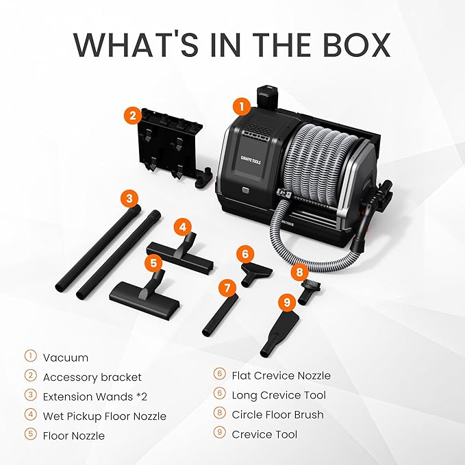 Giraffe Tools Grandstorm Retractable Vacuum Cleaner Wall-Mounted, Shop Wet Dry Vacuum Cleaner with 6 Nozzles for Car Detailing Remote Control Garage Vacuum, Grey