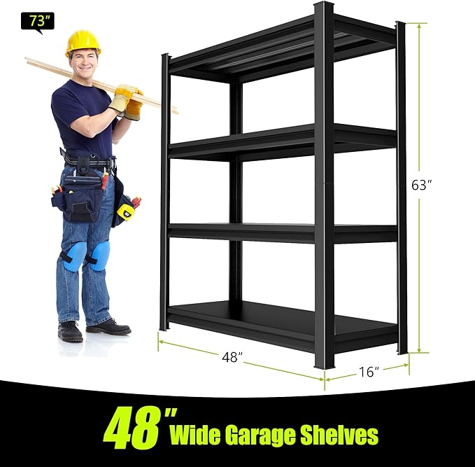 48" W Garage Shelving Heavy Duty, 2000 Lbs Loads Garage Storage Shelves Heavy Duty, Metal Shelving Units and Storage Racks, Industrial Utility Shelf,48" Wx16 Dx63 H, Black