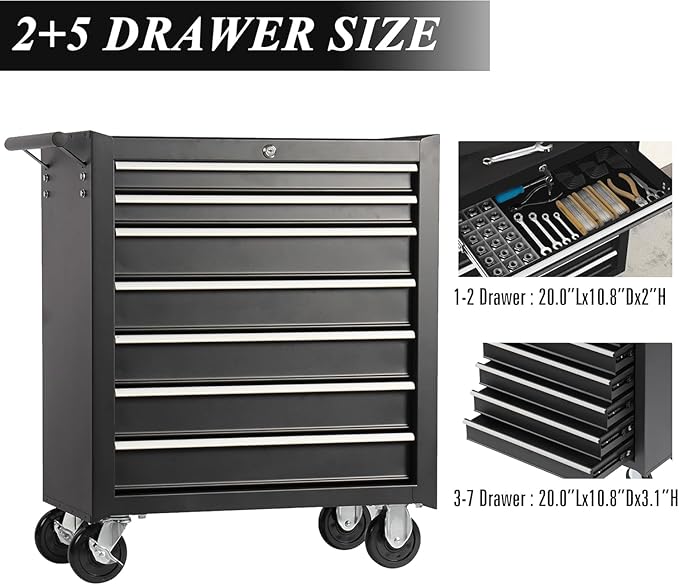 7 Drawers Rolling Tool Cart on Wheels, Multifunctional Metal Tool Storage Cabinet, Lock Tool Trolley Organizer Drawers Tool Box Tool Chest for Garage, Warehouse, Workshop, Repair Shop (BLACK)