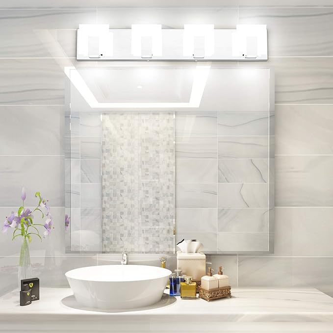 Aipsun 4 Lights Modern LED Vanity Light for Bathroom Frosted White Acrylic Chrome Up and Down Bathroom Wall Light Fixtures Over Mirror(White Light 6000K)