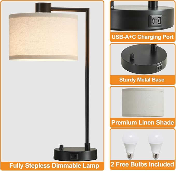 Luvkczc Table Lamp for Bedroom Set of 2 with USB C+A Ports, Fully Stepless Dimmable Bedside Lamp with Linen Lampshade, Contemporary Lamp for Living Room Reading Office, 2 LED Bulbs Included (Black)
