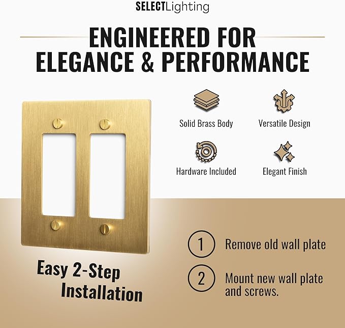 2-Gang Satin Brass Wall Plate, Electrical Receptacle Wall Outlet Faceplate, GFI/Rocker Decorator Light Switch Cover