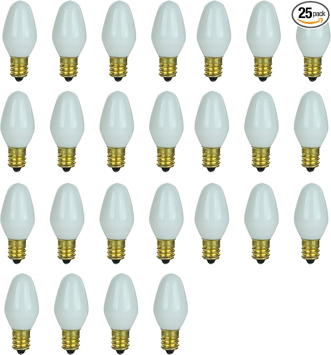 Sunlite 01285 7C7 Incandescent Bulb, 7 Watt, Candelabra E12 Base, C7 Small Night Light, Colored Bulb, White, 25 Count