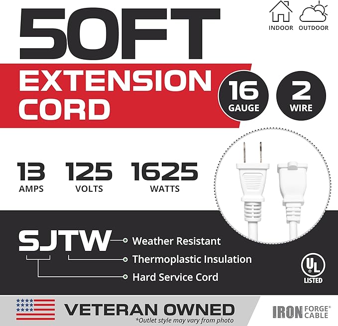 Iron Forge Cable 2 Prong Outdoor Extension Cord 50 ft, 16/2 SJTW 50 Foot White Extension Cord, Weatherproof - Great for Outdoor Lights, Deck, Patio