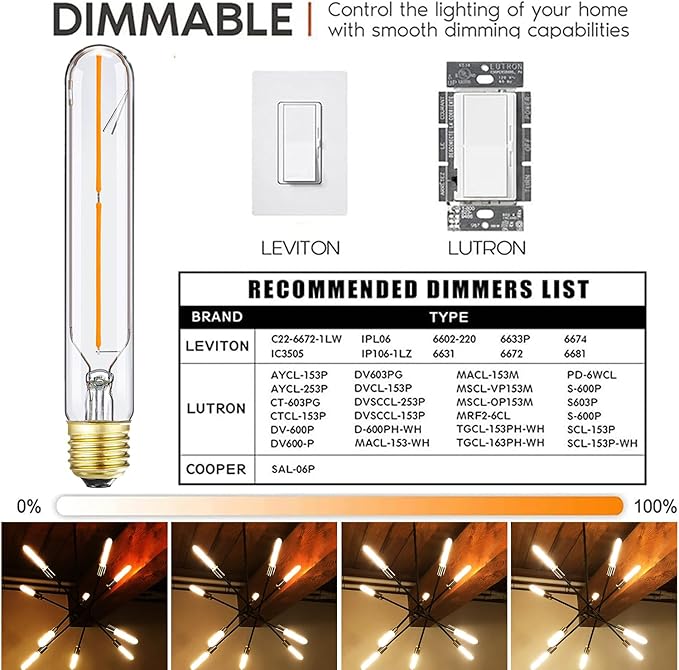 7.3 Inch E26 Led Bulb 40 watt,Dimmable Tubular Bulb 4W,2700k Warm White Edison Bulbs,T10 Long Clear Glass Light Bulb for Rustic Pendant,Industrial Pipe,Wall Sconces,Chandeliers,6 Pack