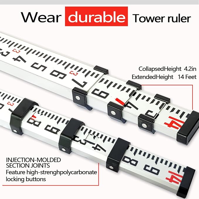 Survey Rod 14-Foot Aluminum Grade Rod - 10ths,Grade Rod,Grade Stick for Laser Level,Survey Rod，Grade Rods,Survey Pole,With Bubble Level, 4-Stage Telescopic,Double-Sided Scale Telescopic Leveling Rod