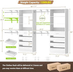 Aheaplus Closet System with 8 Wooden Drawers, Wood Closet Organizer System with Tower, Walk-in Closet Organizer Wardrobe Clothes Rack with 4 Hanging Rods, Garment Rack, Cut to Fit 7-12Ft, White