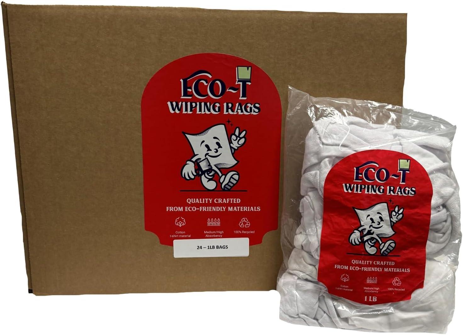 24 X 1 lb Bags (24 Lbs) Eco-T Paint Rags - White T-Shirt Material, 100% Recycled, Eco-Friendly, High Absorbency, Low Lint, Low-Cost, Painting and Cleaning Cloth