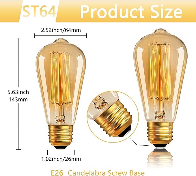 ST64 Edison Bulbs 6 Pack,Amber Vintage Incandescent Light Bulbs 110V 40W 240LM,E26 Base 2200K Dimmable Decorative Antique Squirrel Cage Filament Incandescent Bulb for Chandelier Pendant Lamps