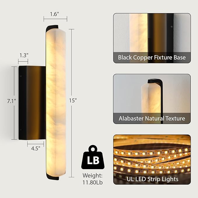 Alabaster Wall Sconces Set of Two, 15in Black Alabaster Sconce, Modern Spanish Natural Marble Sconces Lights, Rectangle Sconces for Bathroom Vanity Bedroom Living Room Staircases Hallway