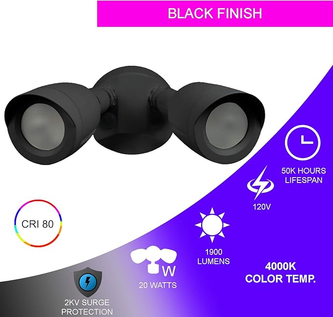 Ciata Flood Lights Outdoor, 20-Watt LED Bullet Head Security Flood Lights, Dual Head, RoHS and FCC Complaint, IP65 Rated, 1900 Lumens, 2KV Surge Protection, Die-Cast Aluminum in Black Finish – 4000K