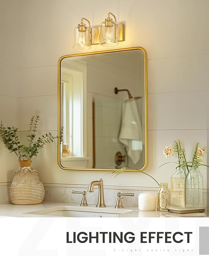 zeyu Bathroom Vanity Light Fixtures, 2-Light Wall Sconce for Bathroom Above Mirror, Gold Vanity Light with Clear Glass Shade, ZSL72B-2W BG