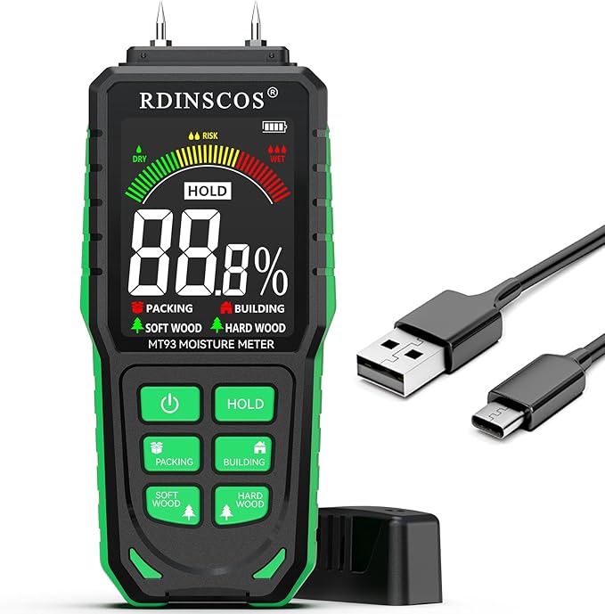 Rechargeable Moisture Meter for Wood, Walls & Hardwood – Accurate Pin-Type Digital Tester with Large Color Display, Automatic Alarm, Calibration & HOLD Function for DIY & Construction Projects